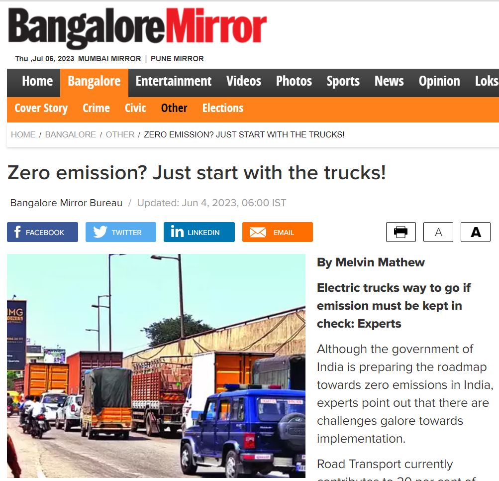 Spurthi Ravuri quoted by the Bangalore Mirror on battery technologies required for the trucking sector