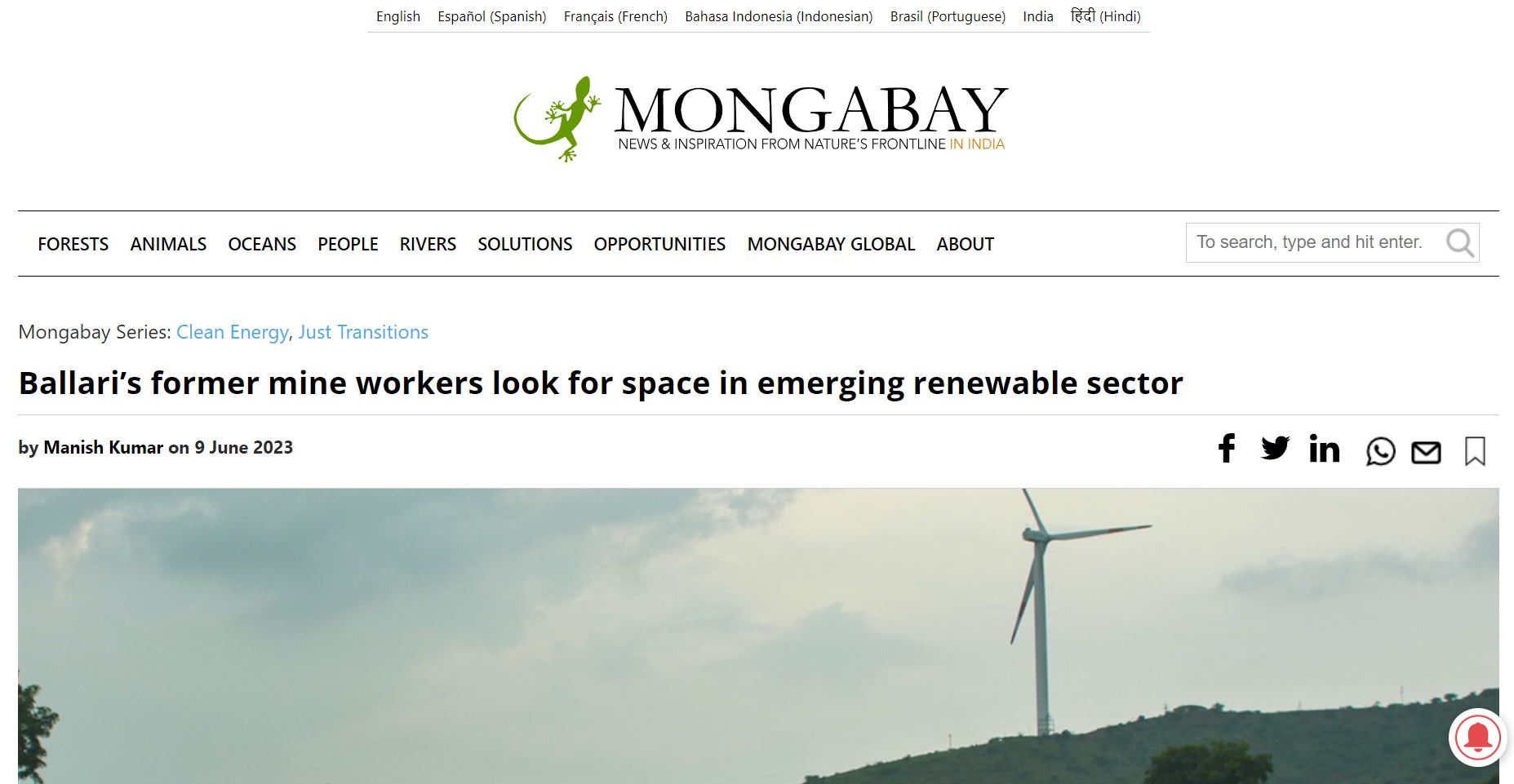 Rishu Garg quoted by the Mongabay India on the rise of renewables in Ballari