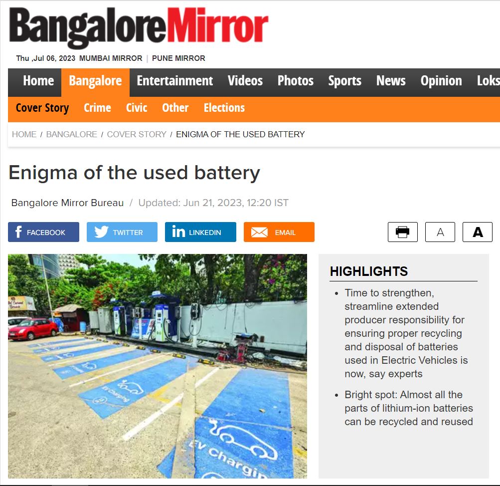 Anjali Singh was quoted by the Bangalore Mirror on EV battery waste recycling