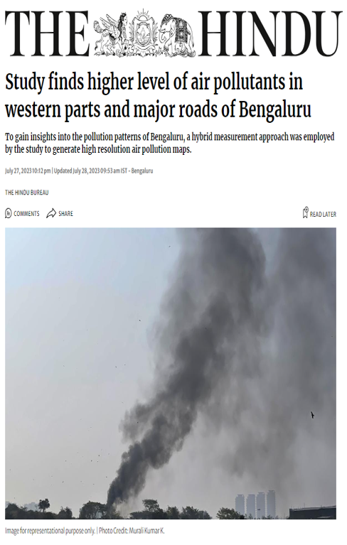 CSTEP’s study on air pollutant levels in Bengaluru covered by The Hindu