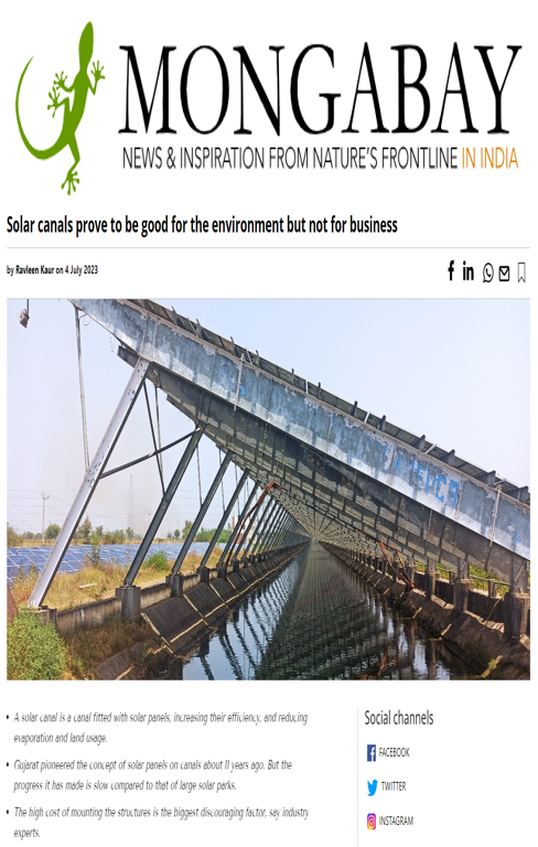 Saptak Ghosh quoted on canal top photovoltaic technology by Mongabay India