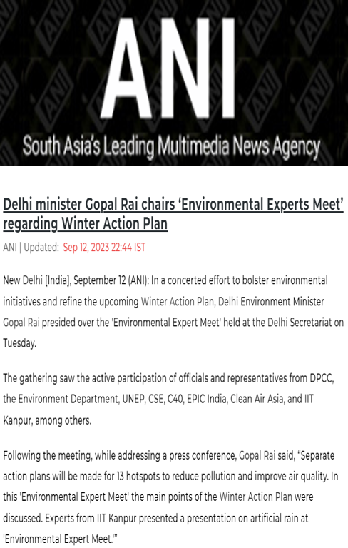 CSTEP mentioned in an article by ANI on Delhi’s winter action plan