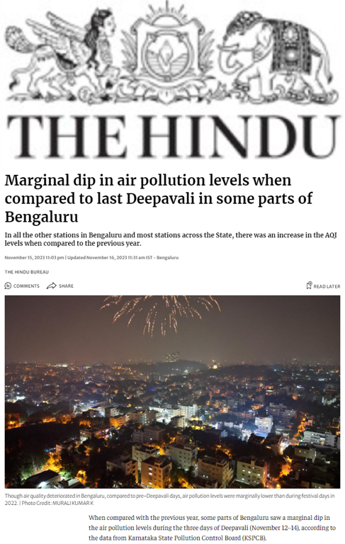 R Subramanian quoted on the usefulness of air pollution monitors in Bengaluru in an article in The Hindu