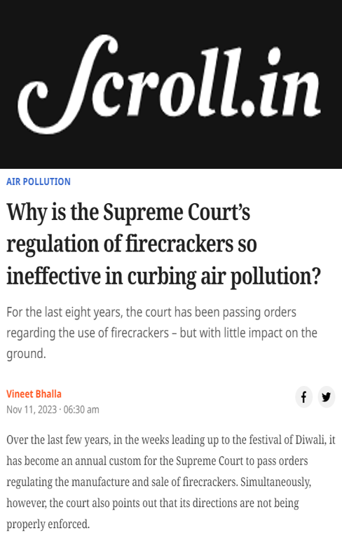 R Subramanian quoted on air pollution from firecrackers in an article in Scroll
