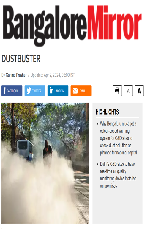 R Subramanian quoted on air pollution from construction activities in Bengaluru in an article published in Bangalore Mirror