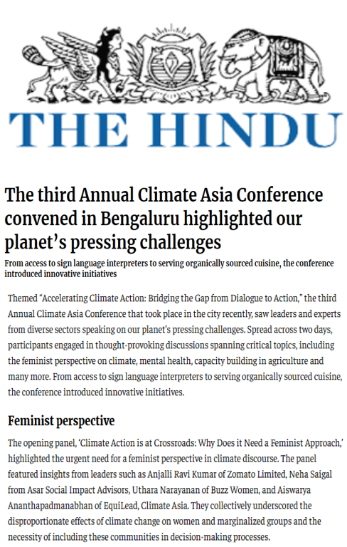 Indu K Murthy mentioned as a panellist at the Climate Asia conference in an article in The Hindu