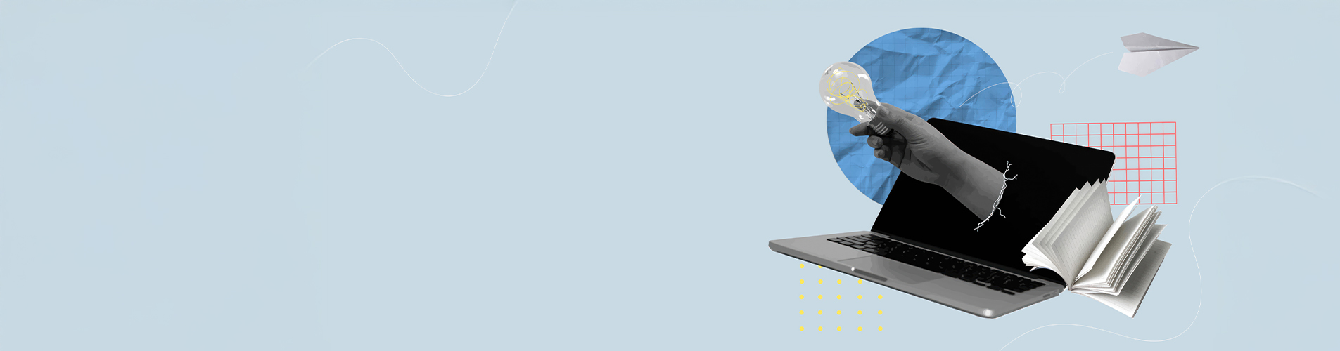 A visual representation of brainstorming with a laptop, lightbulb, and paper elements